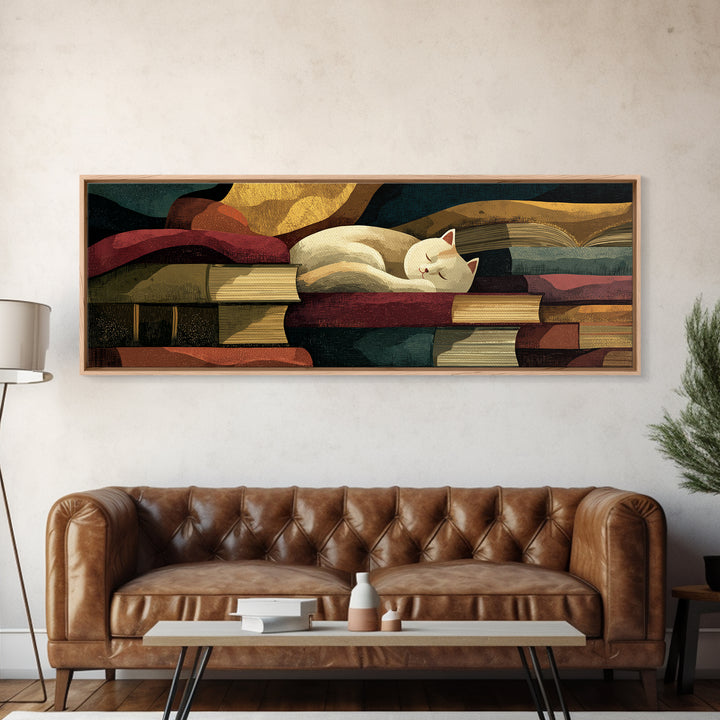 Cat Sleeping on a Book Stack Canvas Print, Library Art, Gothic Home Decor, Library Decor, Oil Painting, Archive, Bookish Decor, LIB-3x1-95