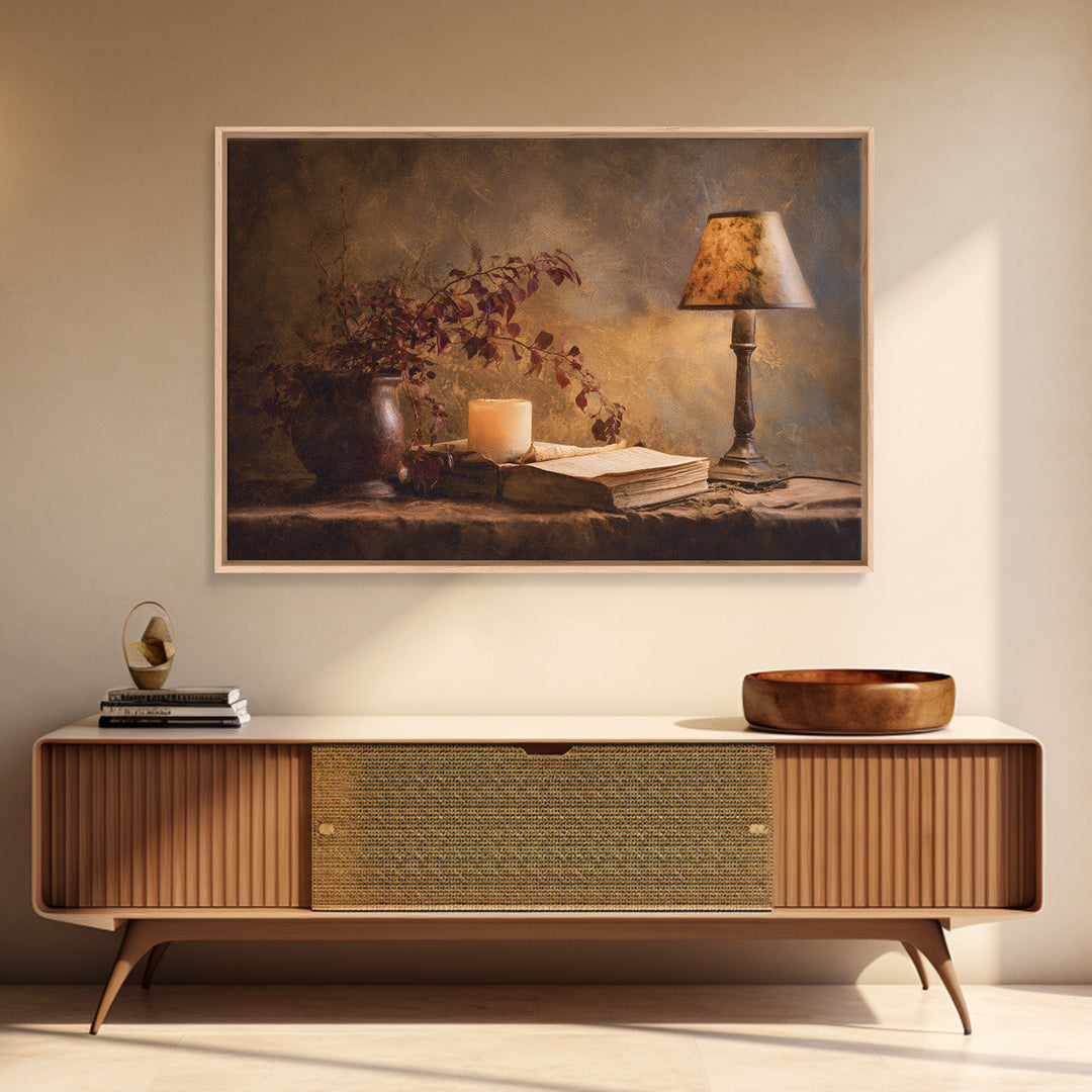 Warm Reading Lamp and Small Plant Still Framed Canvas Print, Library Art, Dark Academia Art, Library Decor, Abstract Art, LIB-3x2-25