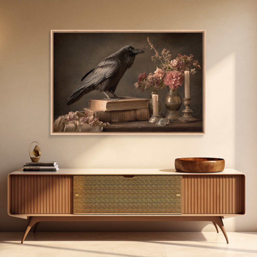 Black Raven Perched on Closed Book Framed Canvas Print, Library Art, Book Art, Library Decor, Oil Painting, Archive, LIB-3x2-74