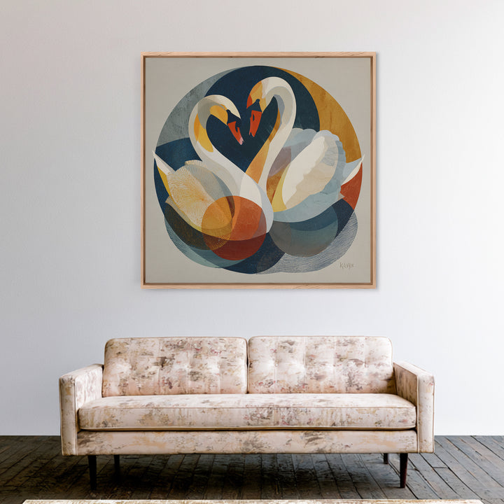 Two Swans Forming a Heart Shape Framed Canvas Print, Line Art, Boho Decor, Living Room Decor, Abstract Art, Line, LIN-1x1-16