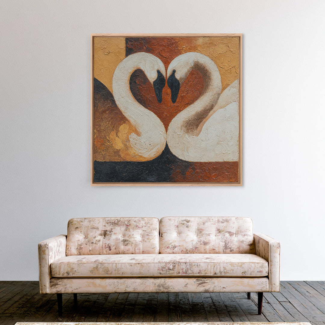 Two Swans Forming a Heart Shape Framed Canvas Print, Line Art, Textured Painting, Living Room Decor, Abstract Art, Line, LIN-1x1-40