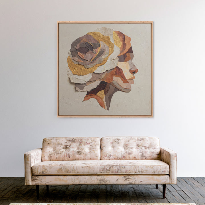 Face and Flower Blended into One Contour Framed Canvas Print, Line Art, Boho Wall Art, Living Room Decor, Fine Art, Line, LIN-1x1-56