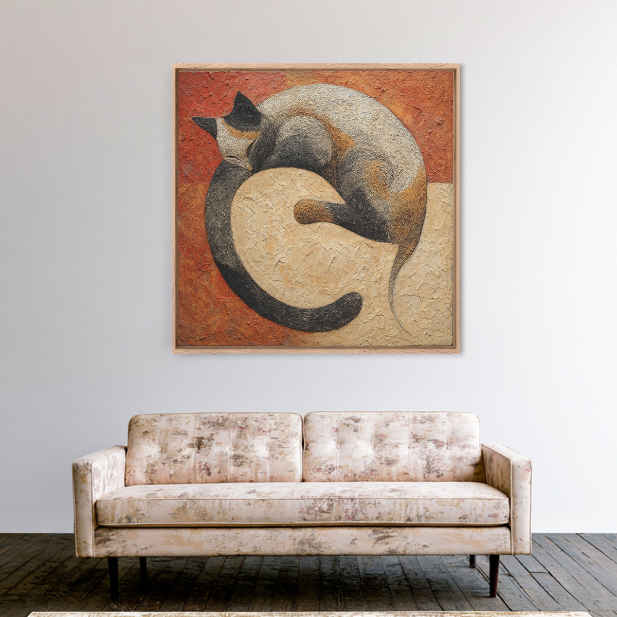 Monoline Cat Stretching Framed Canvas Print, Line Art, Black and White Art, Living Room Decor, Abstract Art, Line, LIN-1x1-6