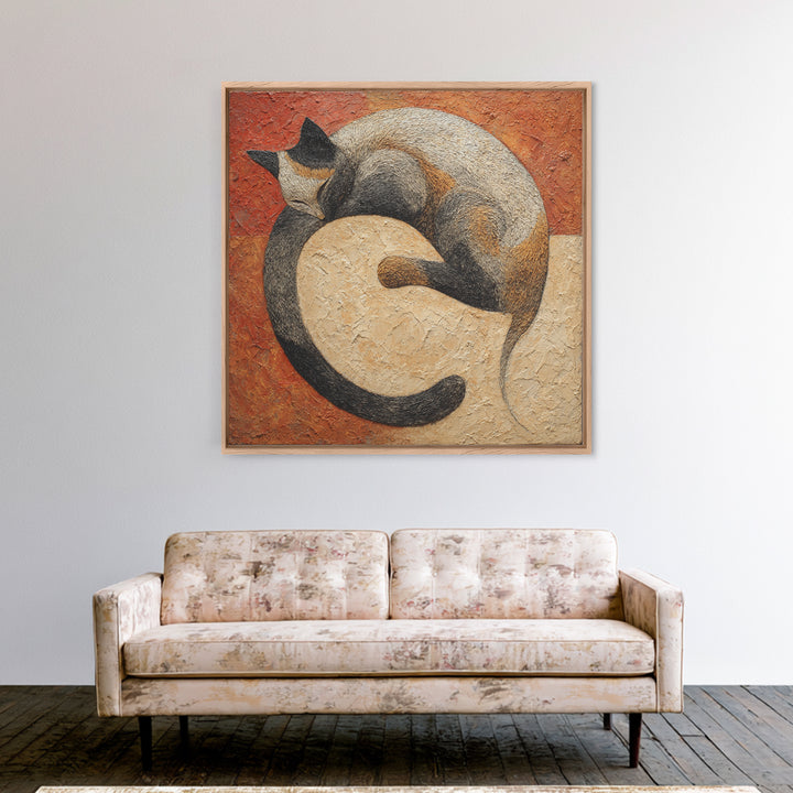 Monoline Cat Stretching Framed Canvas Print, Line Art, Black and White Art, Living Room Decor, Abstract Art, Line, LIN-1x1-6
