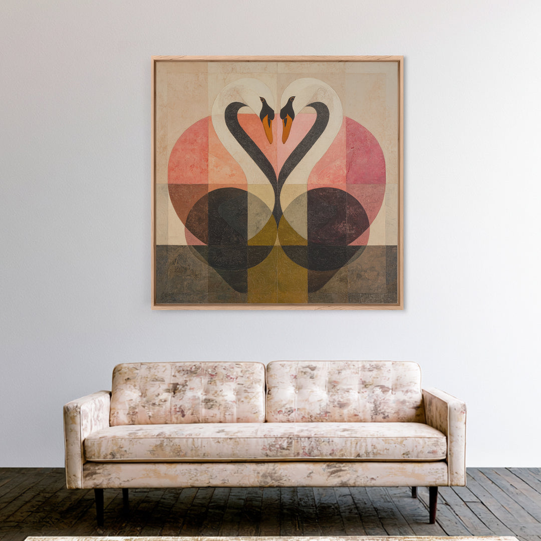 Two Swans Forming a Heart Shape Framed Canvas Print, Line Art, Modern Art, Living Room Decor, Abstract Art, Line, Neutral Decor, LIN-1x1-64