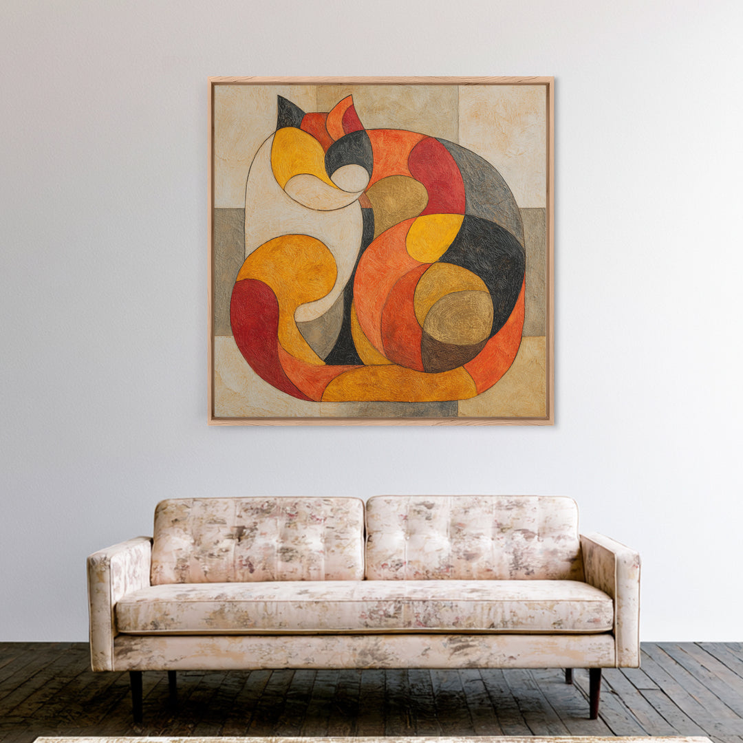 Monoline Cat Stretching Framed Canvas Print, Line Art, Textured Painting, Living Room Decor, Abstract Art, Line, Canvas Art, LIN-1x1-78