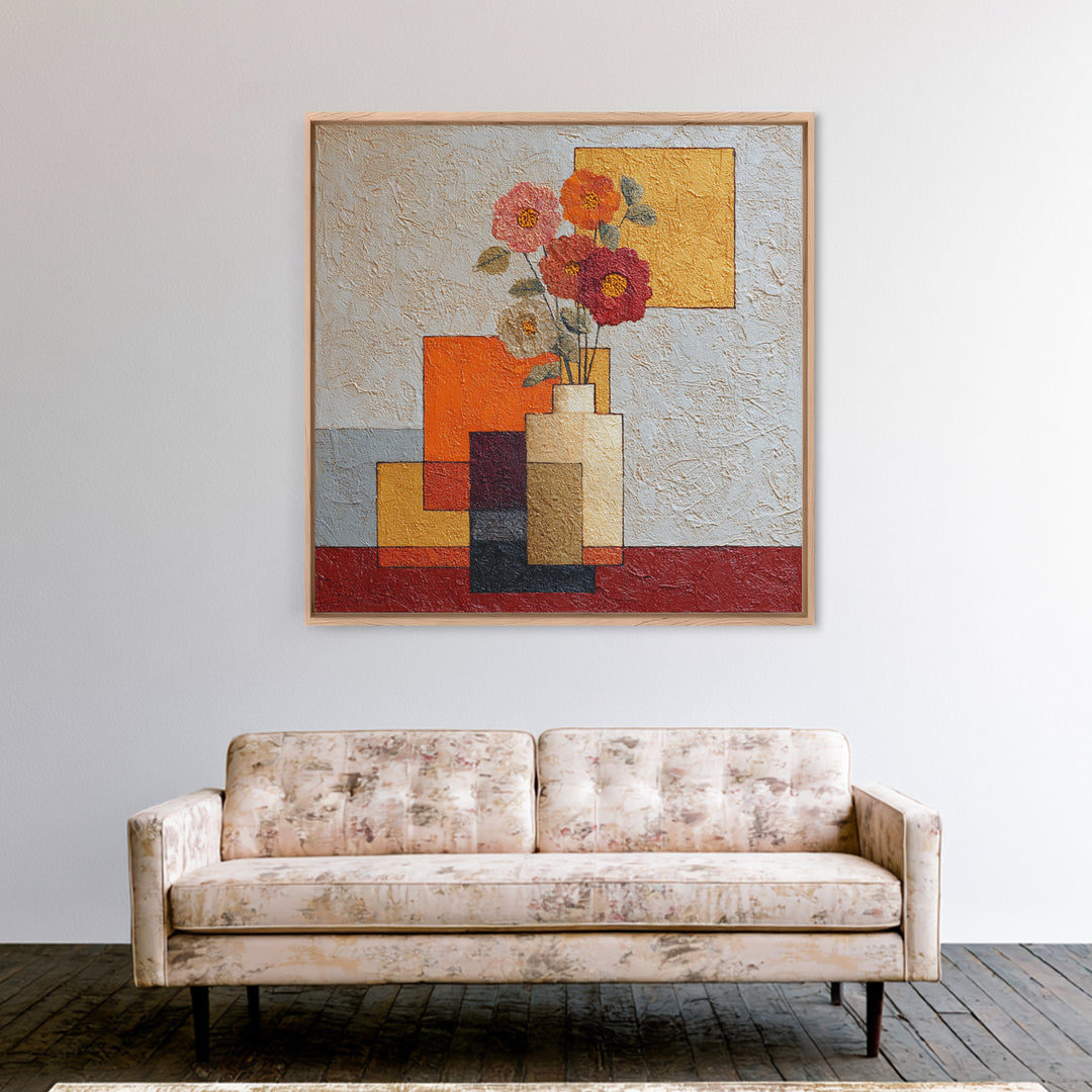 Abstract Vase and Flowers Framed Canvas Print, Line Art, Bird Wall Art, Living Room Decor, Fine Art, Line, Textured Painting, LIN-1x1-84
