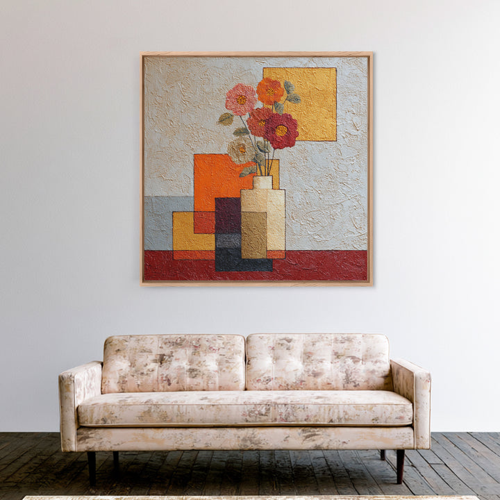 Abstract Vase and Flowers Framed Canvas Print, Line Art, Bird Wall Art, Living Room Decor, Fine Art, Line, Textured Painting, LIN-1x1-84