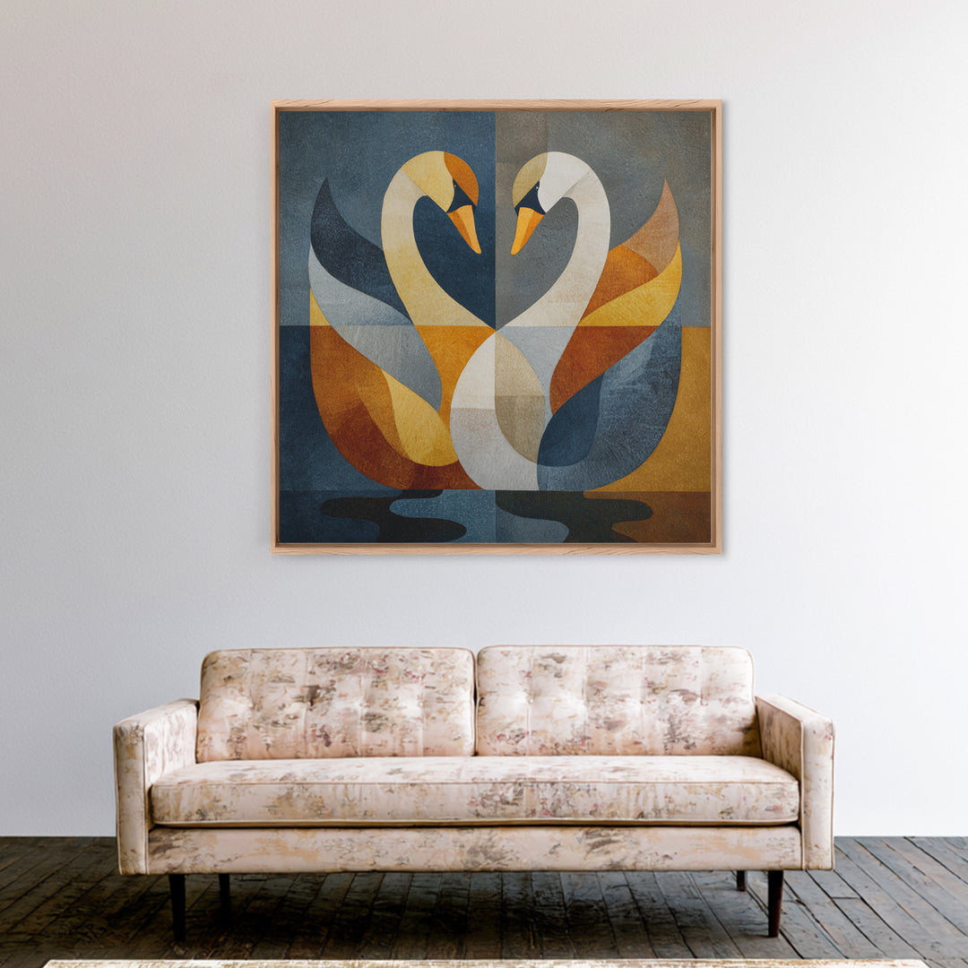 Two Swans Forming a Heart Shape Framed Canvas Print, Line Art, Wall Art, Living Room Decor, Fine Art, Line, Wall Art Print, LIN-1x1-88