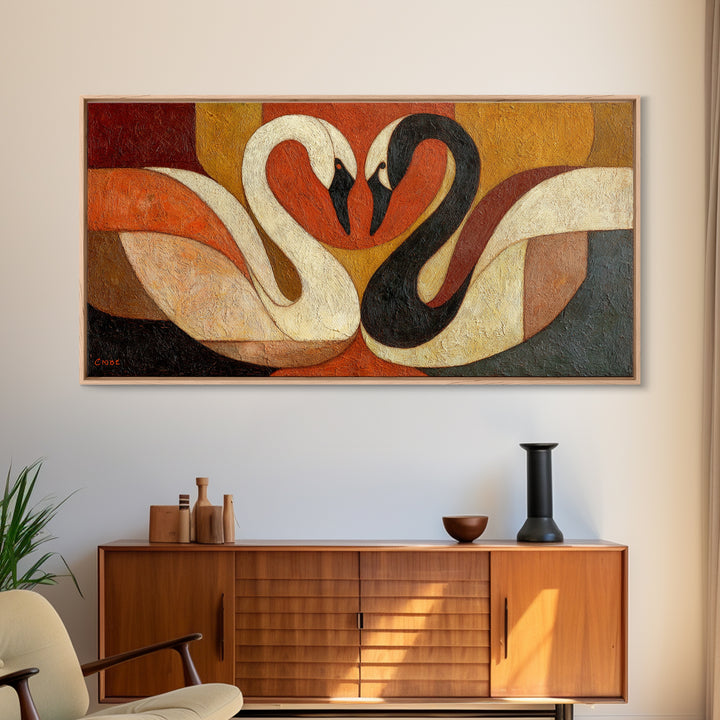 Two Swans Forming a Heart Shape Framed Canvas Print, Line Art, Textured Painting, Living Room Decor, Abstract Art, Line, LIN-2x1-12