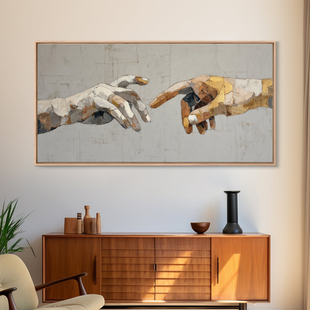 Two Hands Nearly Touching Framed Canvas Print, Line Art, Boho Wall Decor, Living Room Decor, Line, Black and White Art, LIN-2x1-25