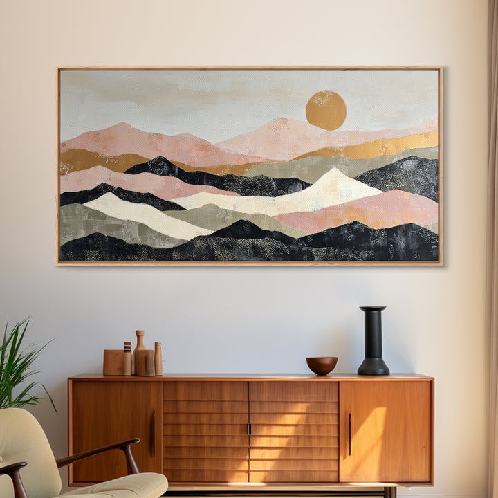 Black Line Mountains Framed Canvas Print, Line Art, Living Room Decor, Oil Painting, Line, Boho Decor, Living Room Wall Art, LIN-2x1-30