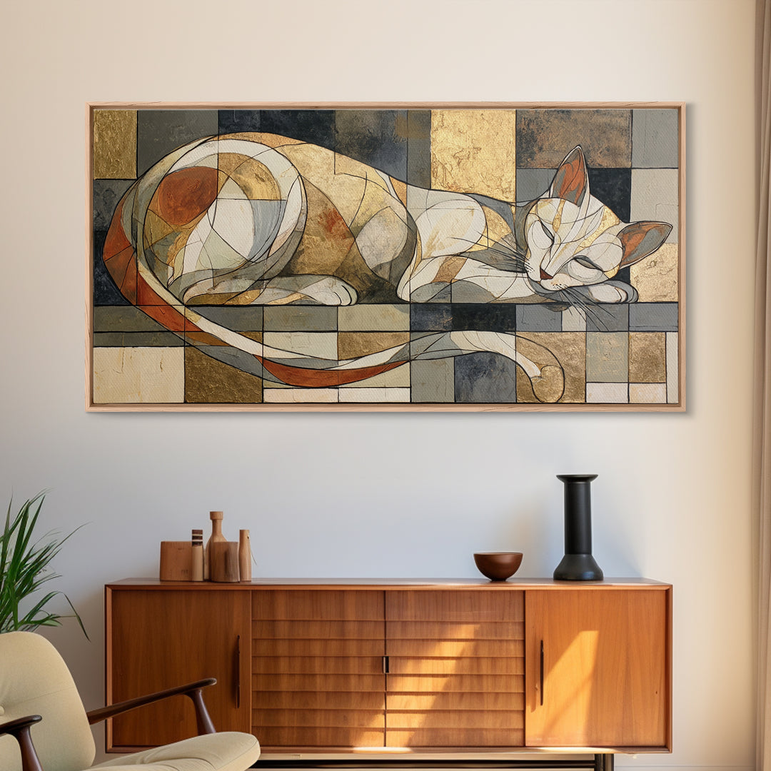 Monoline Cat Stretching Framed Canvas Print, Line Art, Digital Wall Art, Living Room Decor, Fine Art, Line, Minimalist Wall Art, LIN-2x1-50