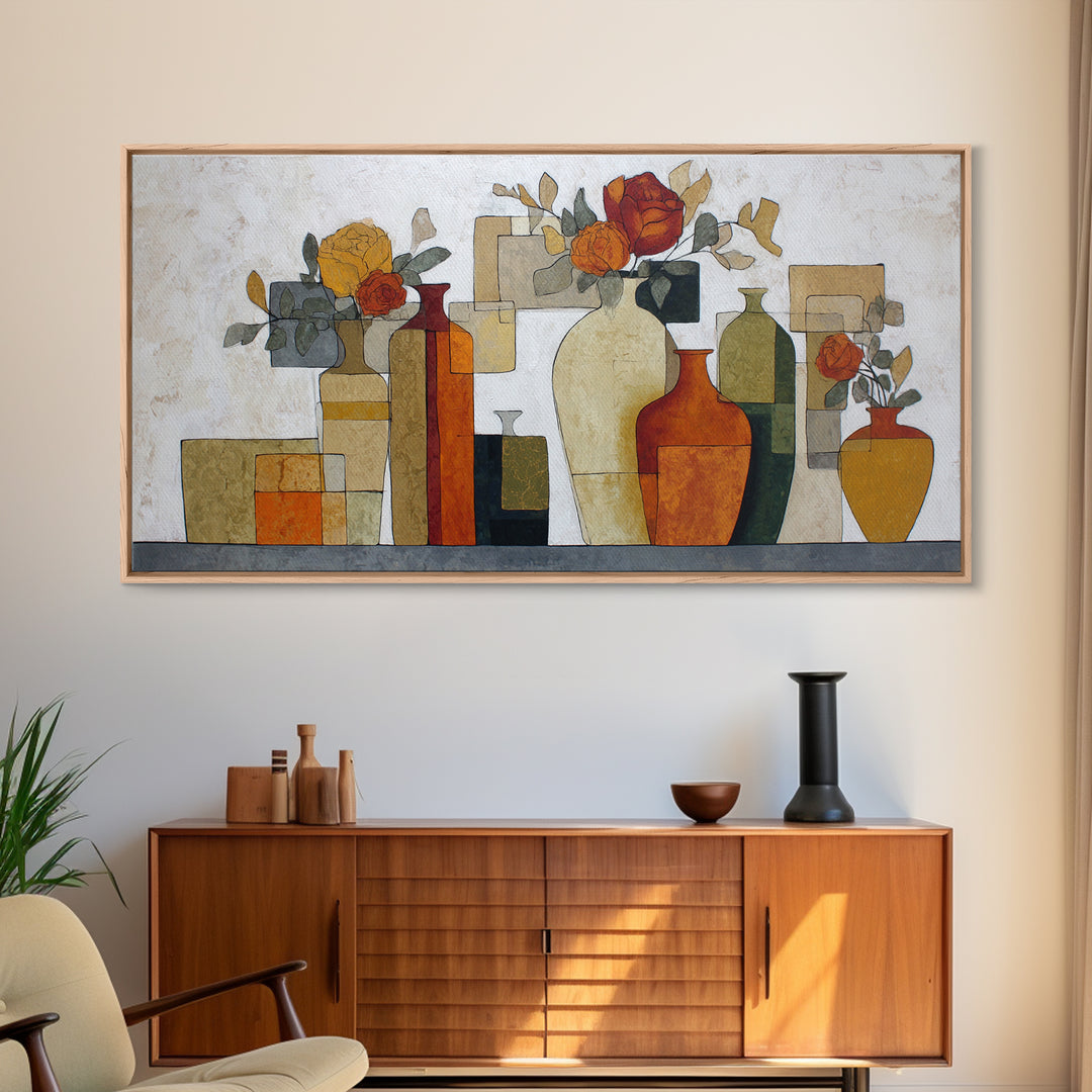 Abstract Vase and Flowers Framed Canvas Print, Line Art, Printable Wall Art, Living Room Decor, Fine Art, Line, Modern Art, LIN-2x1-56