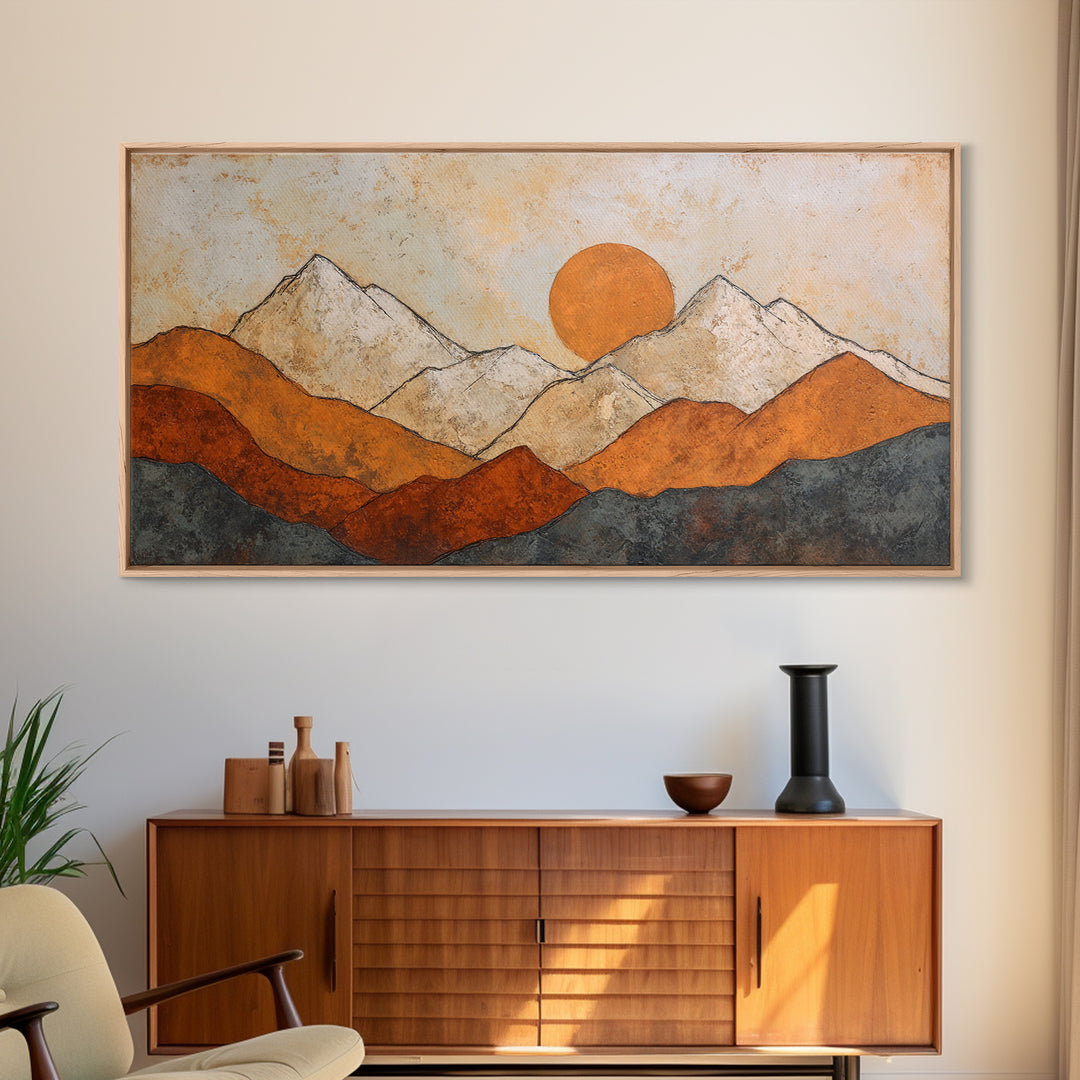Black Line Mountains Framed Canvas Print, Line Art, Living Room Decor, Oil Painting, Line, Boho Decor, Living Room Wall Art, LIN-2x1-6