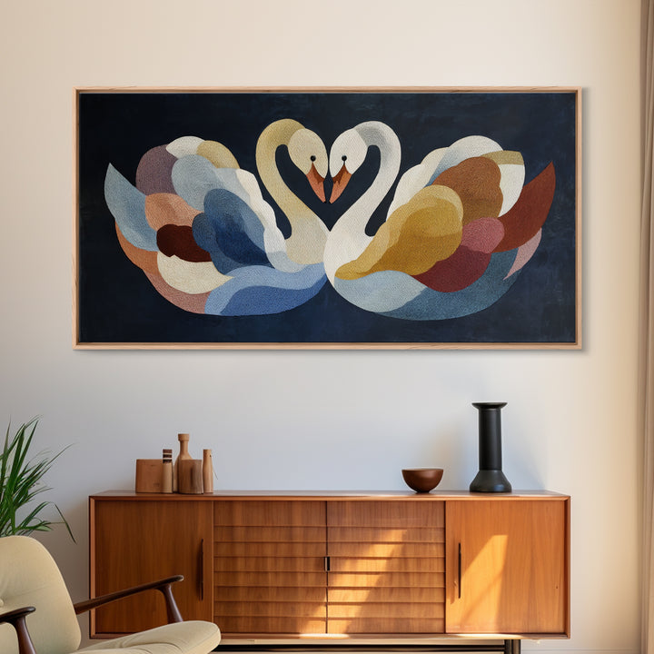 Two Swans Forming a Heart Shape Framed Canvas Print, Line Art, Digital Wall Art, Living Room Decor, Line, Minimalist Wall Art, LIN-2x1-60