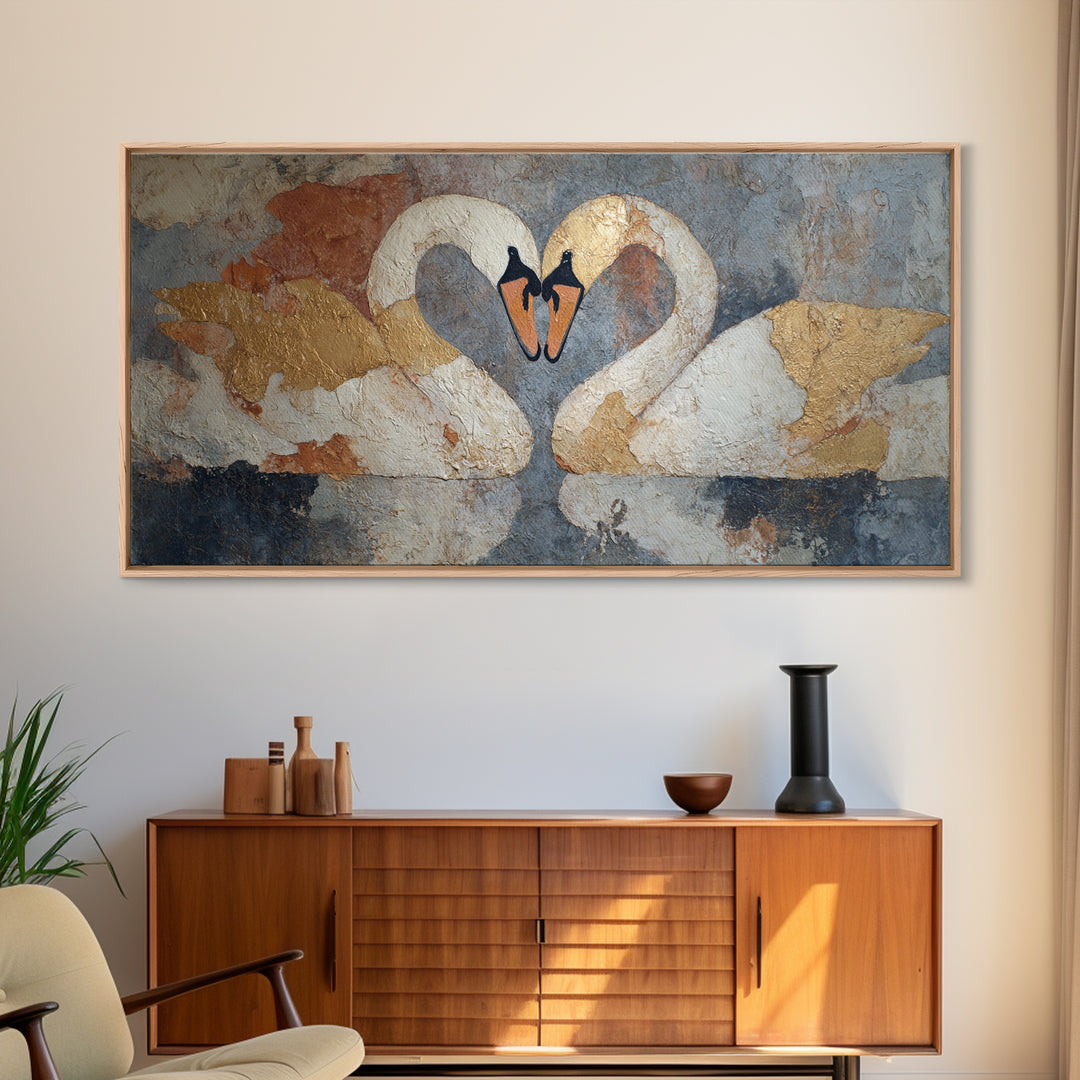 Two Swans Forming a Heart Shape Framed Canvas Print, Line Art, Modern Art, Living Room Decor, Abstract Art, Line, Neutral Decor, LIN-2x1-84