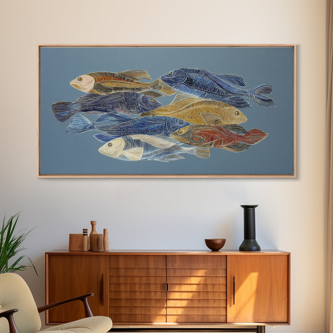 Continuous Line Fish Framed Canvas Print, Line Art, Boho Wall Decor, Living Room Decor, Abstract Art, Line, Black and White Art, LIN-2x1-88
