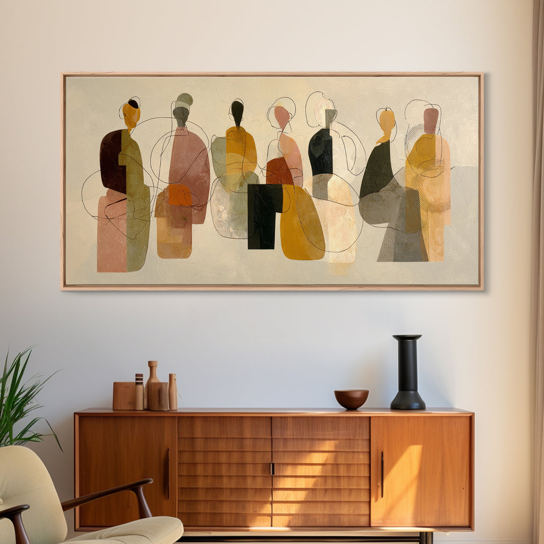 Abstract Family Figures Framed Canvas Print, Line Art, Boho Decor, Living Room Decor, Oil Painting, Line, Minimalist Art, LIN-2x1-92