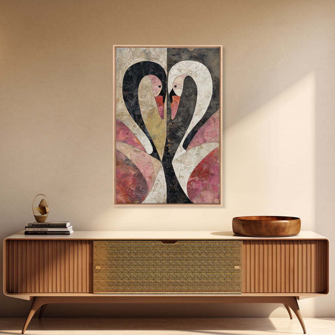 Two Swans Forming a Heart Shape Framed Canvas Print, Line Art, Contemporary Art, Living Room Decor, Abstract Art, Line, LIN-2x3-24