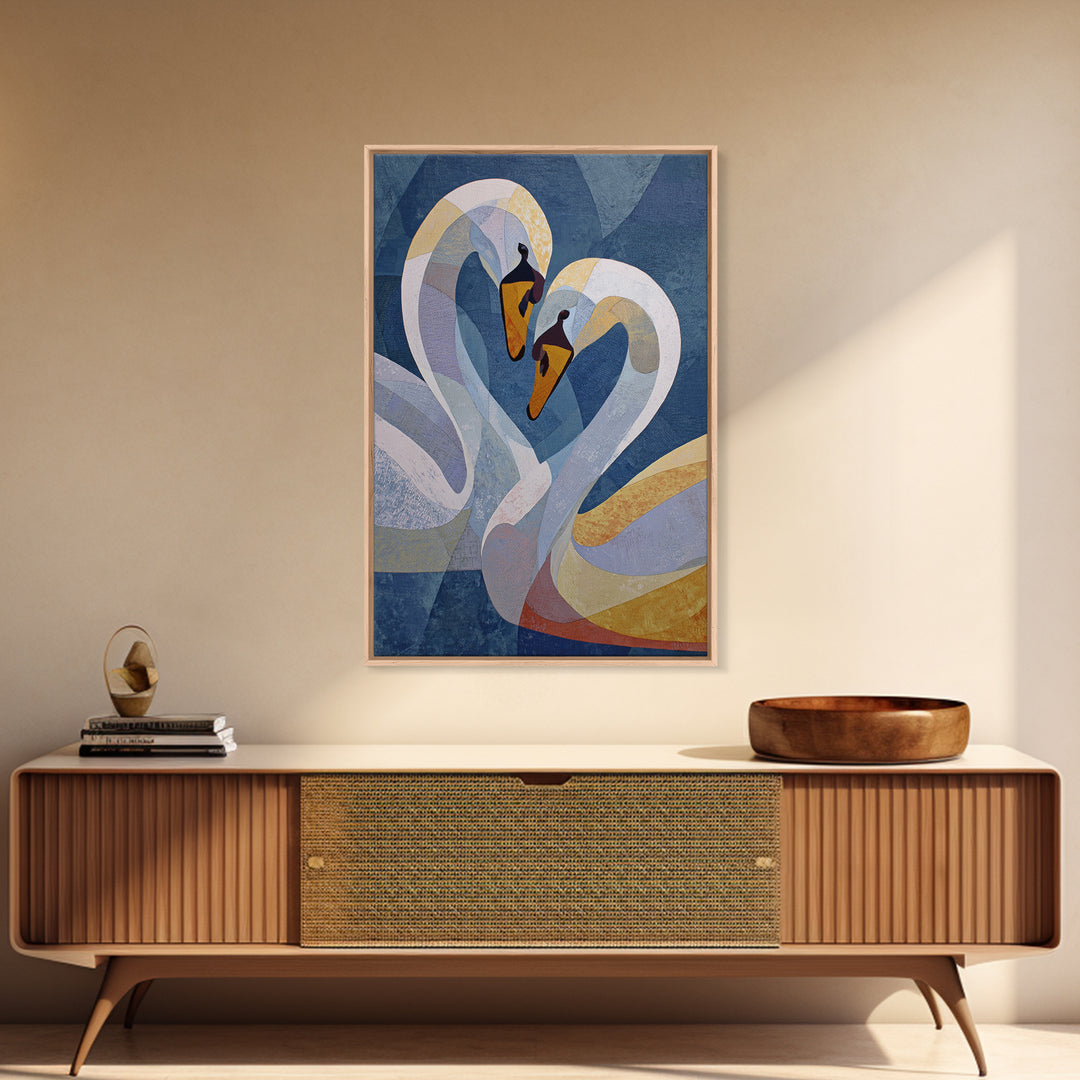 Two Swans Forming a Heart Shape Framed Canvas Print, Line Art, Living Room Decor, Abstract Art, Line, Portrait from Photo, LIN-2x3-48