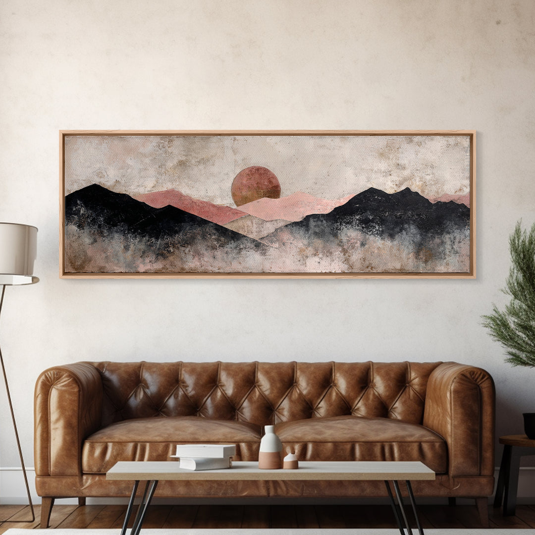 Black Line Mountains Framed Canvas Print, Line Art, Boho Wall Decor, Living Room Decor, Fine Art, Line, Black and White Art, LIN-3x1-2