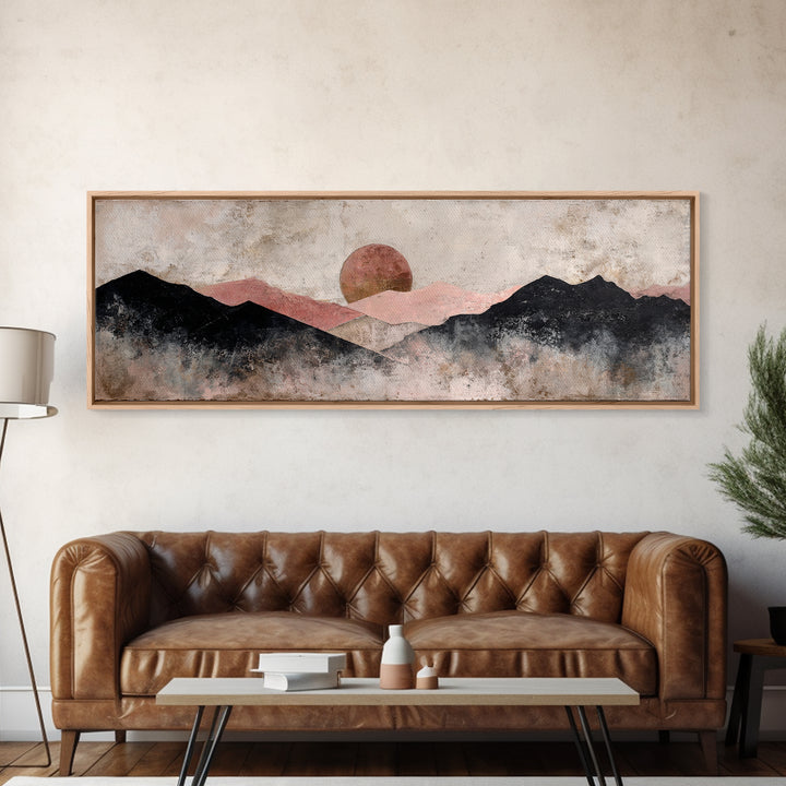 Black Line Mountains Framed Canvas Print, Line Art, Boho Wall Decor, Living Room Decor, Fine Art, Line, Black and White Art, LIN-3x1-2