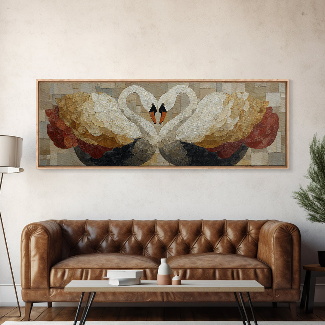 Two Swans Forming a Heart Shape Framed Canvas Print, Line Art, Wall Art, Living Room Decor, Fine Art, Line, Wall Art Print, LIN-3x1-56