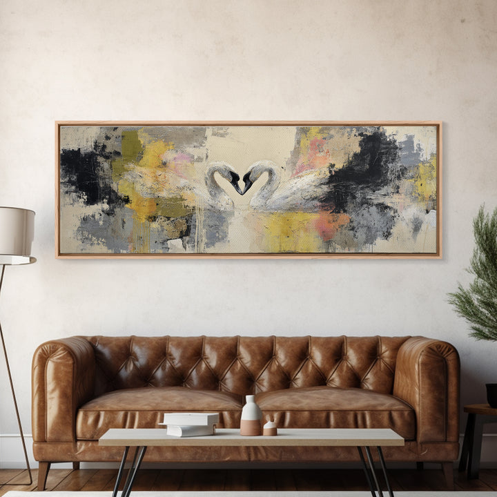 Two Swans Forming a Heart Shape Canvas Print, Line Art, Gallery Wall Set, Living Room Decor, Abstract Art, Line, LIN-3x1-8