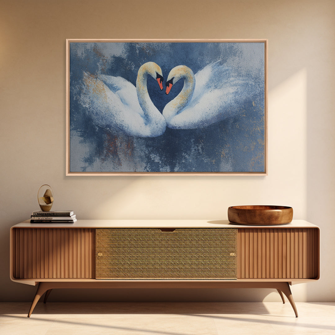 Two Swans Forming a Heart Shape Framed Canvas Print, Line Art, Statement Artwork, Living Room Decor, Abstract Art, Line, LIN-3x2-20