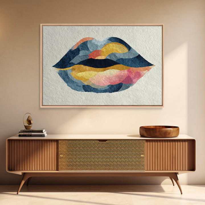 Abstract Lips and Hand Fashion Sketch Framed Canvas Print, Line Art, Bird Wall Art, Living Room Decor, Abstract Art, Line, LIN-3x2-70