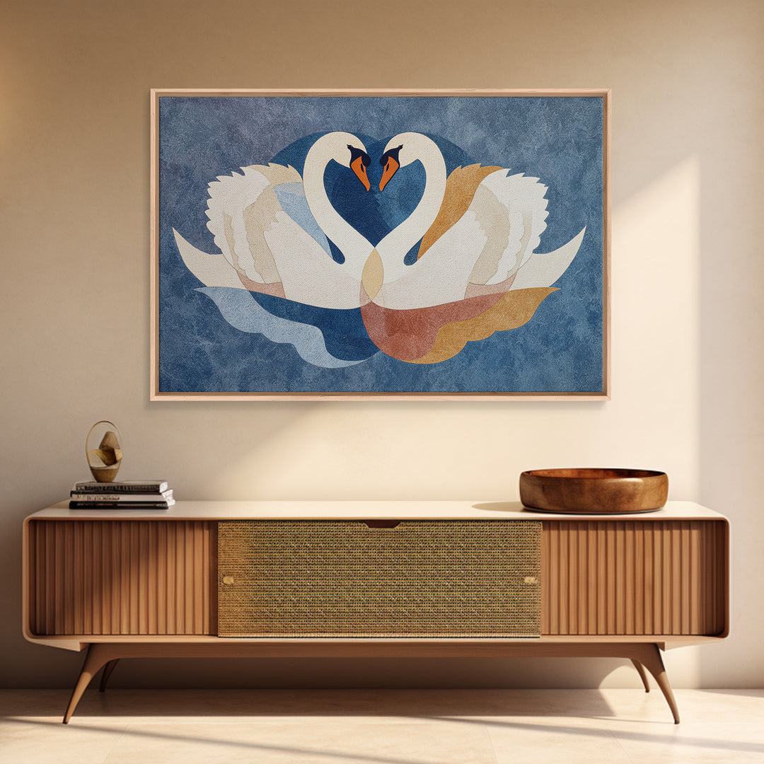 Two Swans Forming a Heart Shape Framed Canvas Print, Line Art, Boho Wall Decor, Living Room Decor, Abstract Art, Line, LIN-3x2-92
