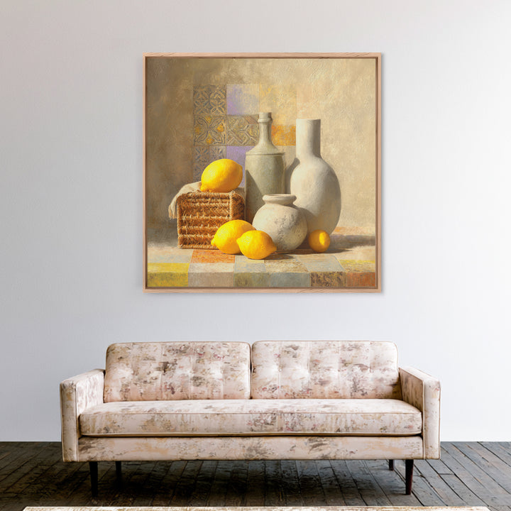 Warm Mediterranean Lemon Still Life Framed Canvas Print, Living Room Art, Dopamine Decor, Living Room Decor, Abstract Art, LIR-1x1-42