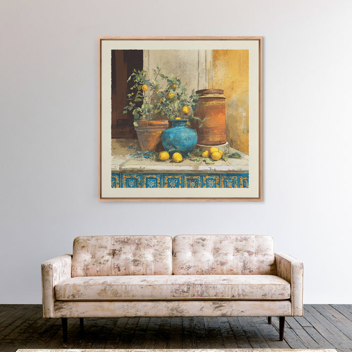 Warm Mediterranean Lemon Still Life Framed Canvas Print, Living Room Art, Dopamine Decor, Living Room Decor, Abstract Art, LIR-1x1-66