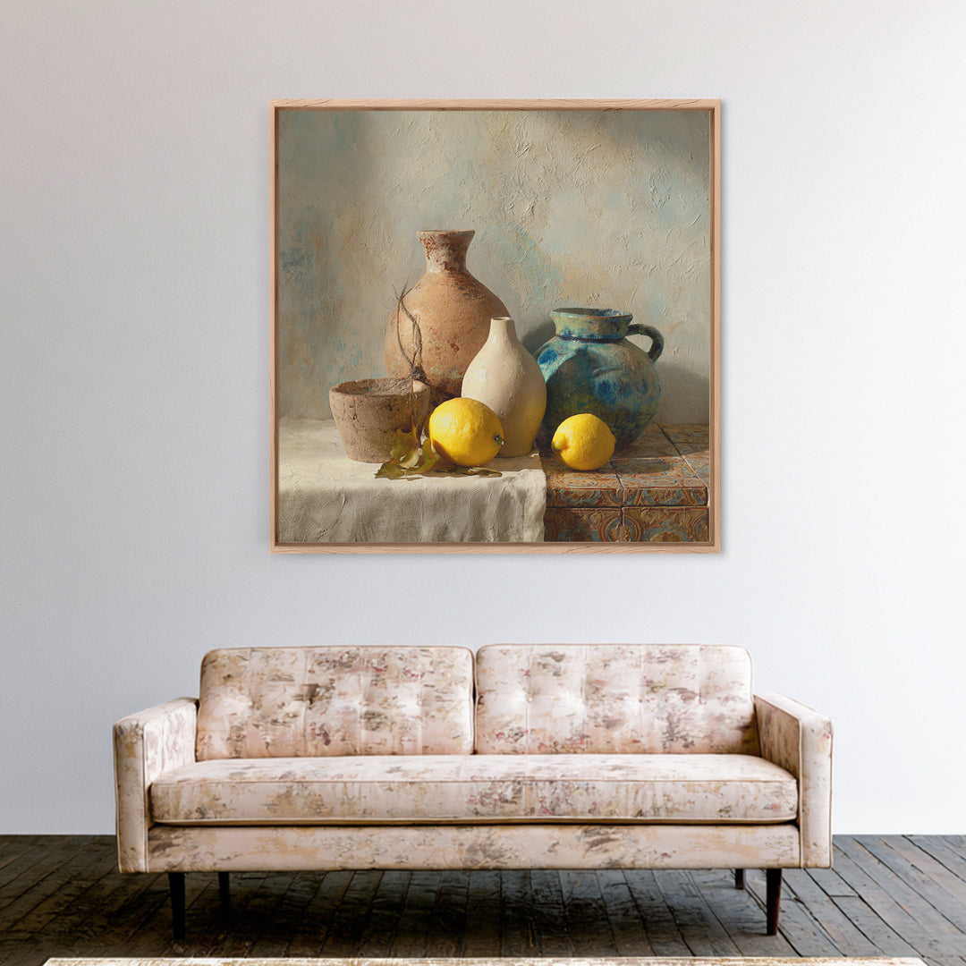Warm Mediterranean Lemon Still Life Canvas Print, Living Room Art, Neutral Decor, Living Room Decor, Fine Art, Living, LIR-1x1-90