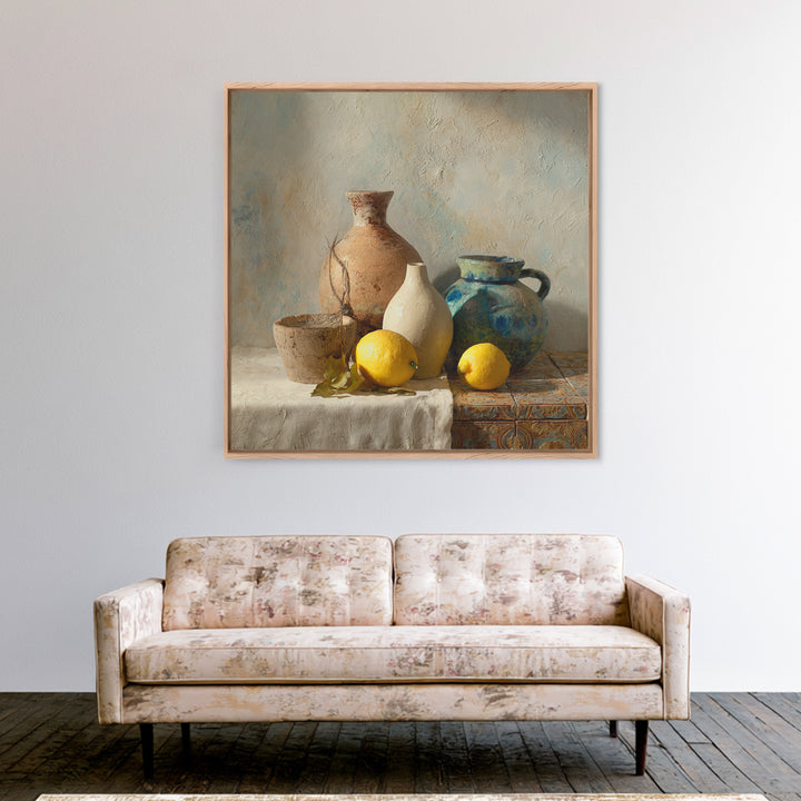 Warm Mediterranean Lemon Still Life Canvas Print, Living Room Art, Neutral Decor, Living Room Decor, Fine Art, Living, LIR-1x1-90