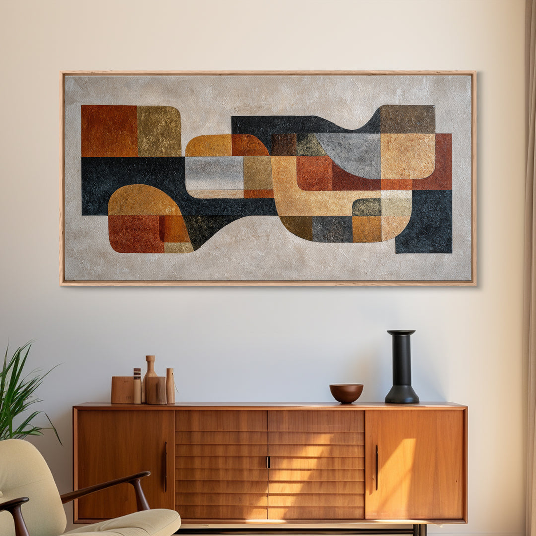 Mid Century Geometric Artwork Framed Canvas Print, Living Room Art, Living Room Decor, Fine Art, Living, Statement Artwork, LIR-2x1-100