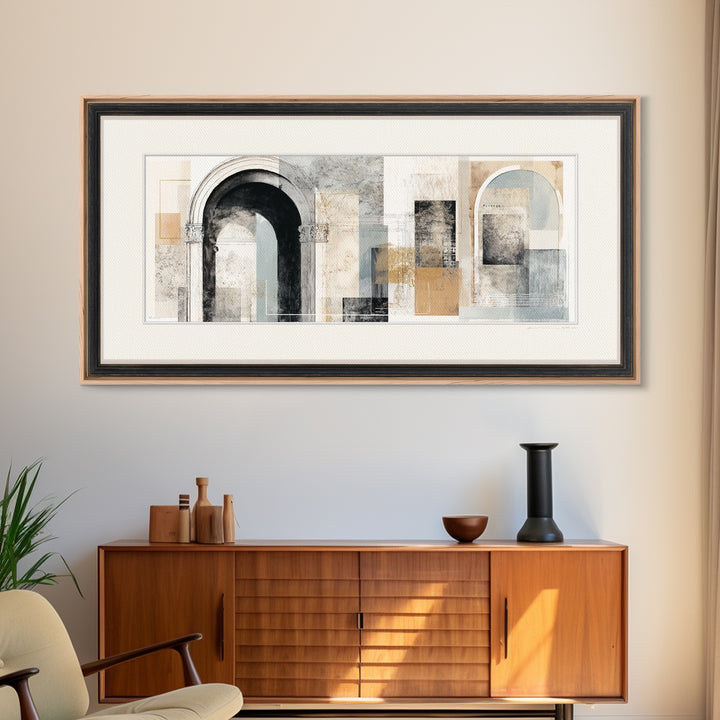 Black and White Architectural Arch Composition Framed Canvas Print, Living Room Art, Boho Decor, Living Room Decor, LIR-2x1-27