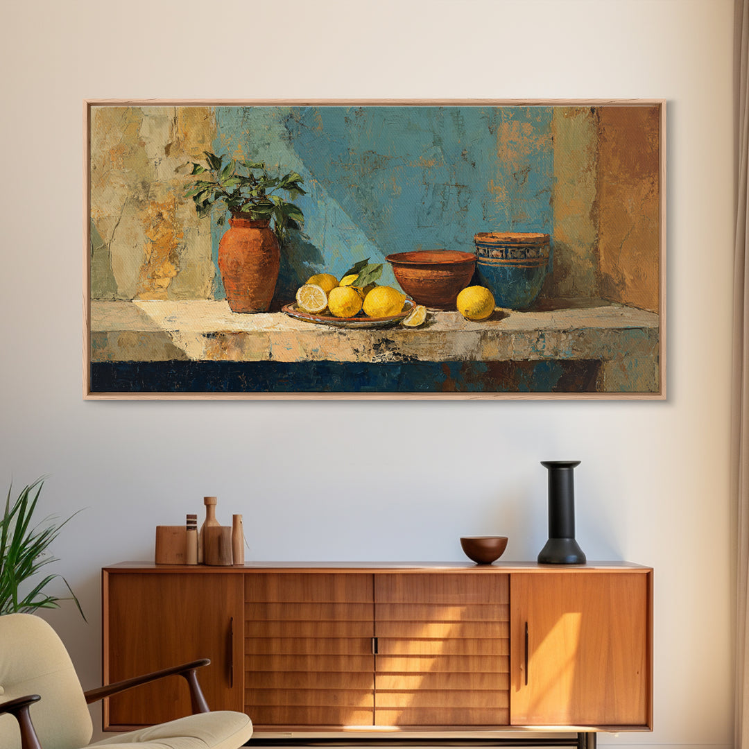 Warm Mediterranean Lemon Still Life Canvas Print, Living Room Art, Wall Art, Living Room Decor, Oil Painting, Living, LIR-2x1-62