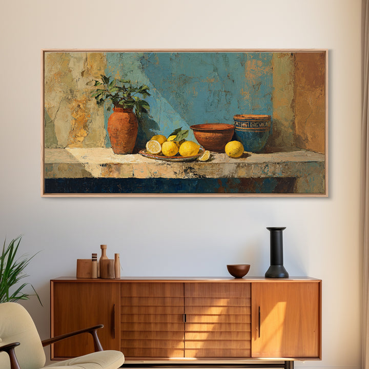 Warm Mediterranean Lemon Still Life Canvas Print, Living Room Art, Wall Art, Living Room Decor, Oil Painting, Living, LIR-2x1-62