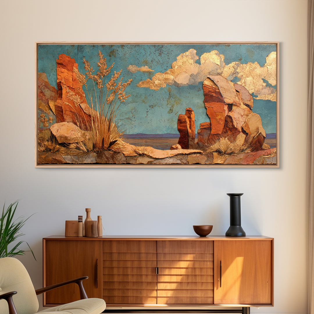 Earthy Desert Landscape Framed Canvas Print, Living Room Art, Apartment Decor, Living Room Decor, Oil Painting, Living, LIR-2x1-80