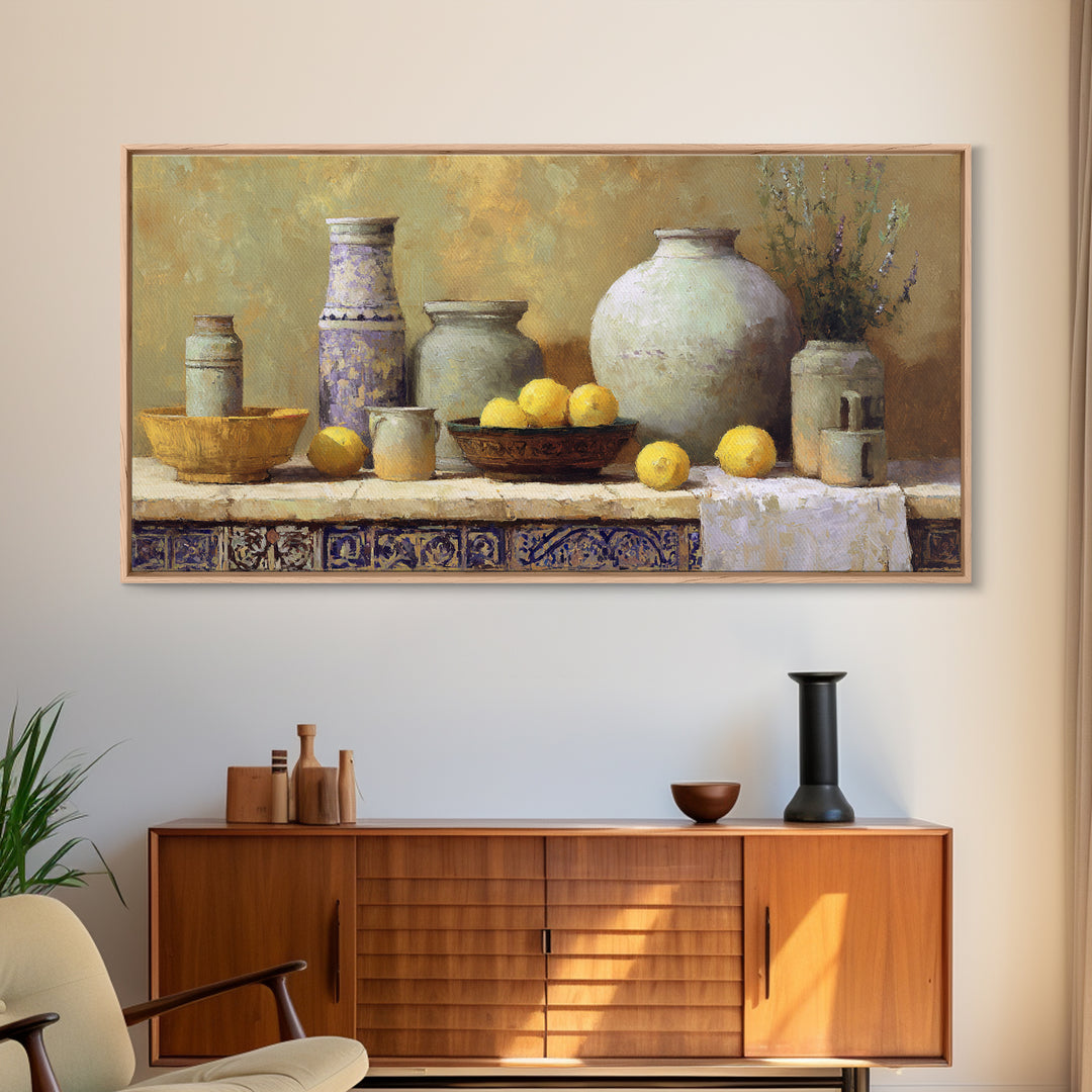 Warm Mediterranean Lemon Still Life Framed Canvas Print, Living Room Art, Art Print, Living Room Decor, Fine Art, Living, LIR-2x1-86
