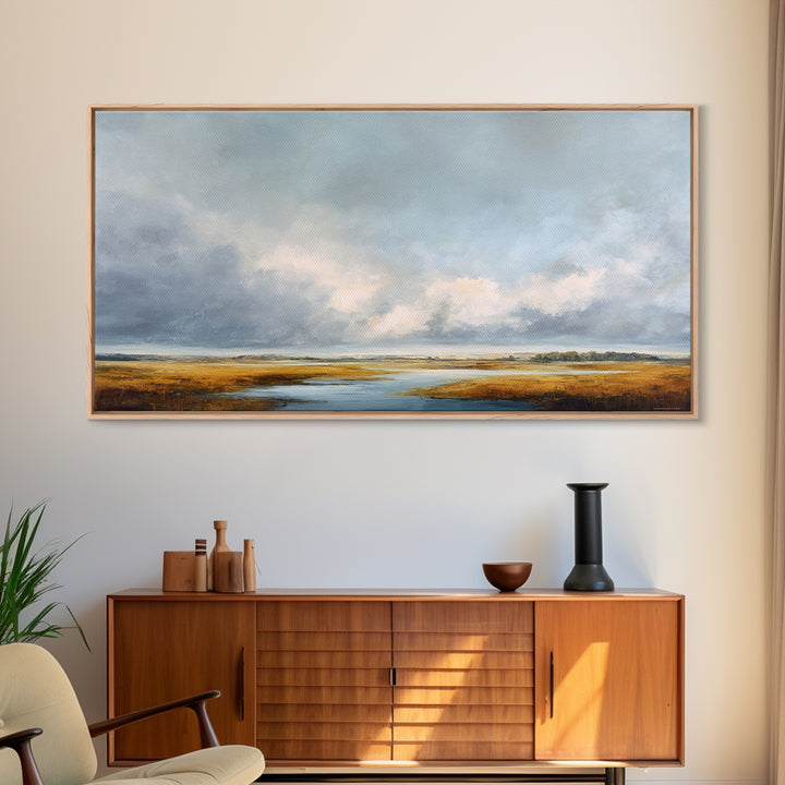 Modern Landscape with Expansive Calm Sky Framed Canvas Print, Living Room Art, Neutral Decor, Living Room Decor, Oil Painting, LIR-2x1-95