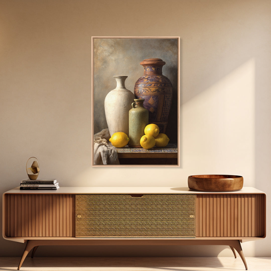 Warm Mediterranean Lemon Still Life Framed Canvas Print, Living Room Art, Living Room Decor, Watercolor Art, Living, LIR-2x3-74