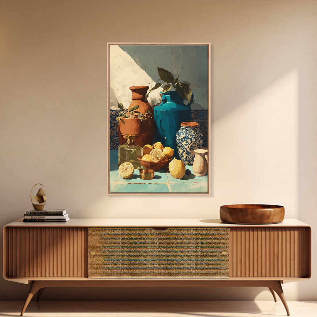 Warm Mediterranean Lemon Still Life Framed Canvas Print, Living Room Art, Living Room Decor, Watercolor Art, Living, LIR-2x3-98