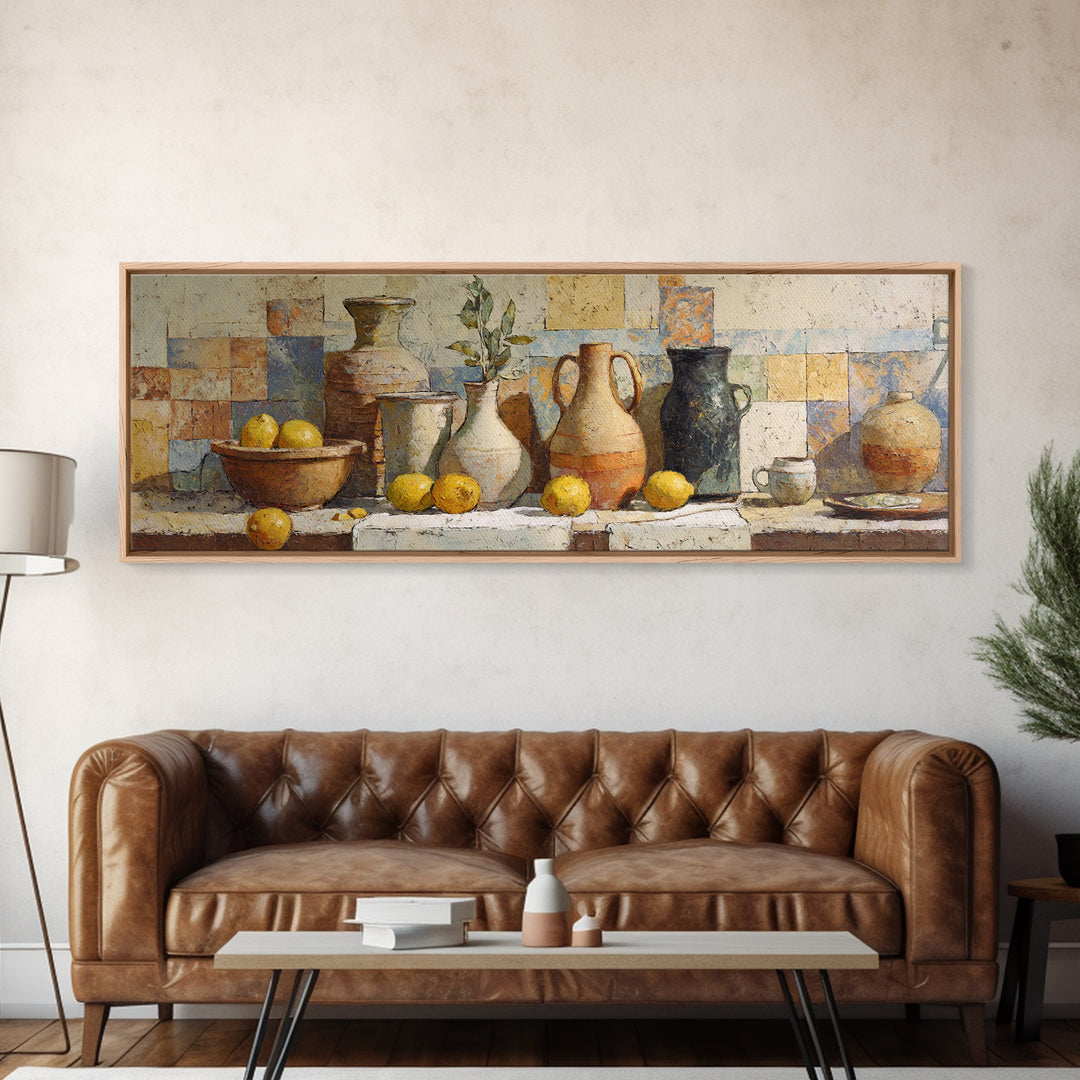 Warm Mediterranean Lemon Still Life Canvas Print, Living Room Art, Oil Painting, Living Room Decor, Abstract Art, Living, LIR-3x1-34