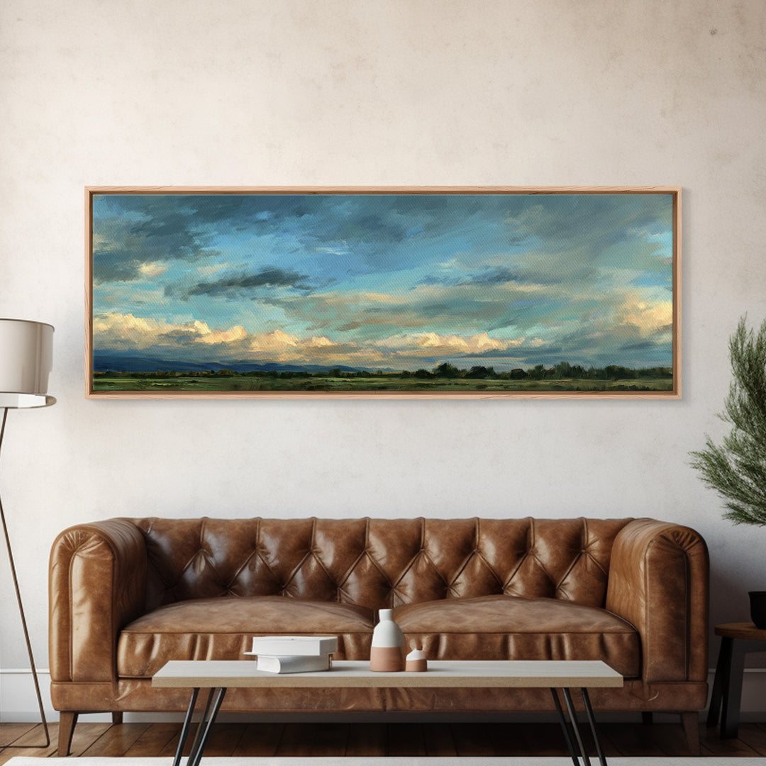 Modern Landscape with Expansive Calm Sky Canvas Print, Living Room Art, Art Print, Living Room Decor, Watercolor Art, Living, LIR-3x1-43