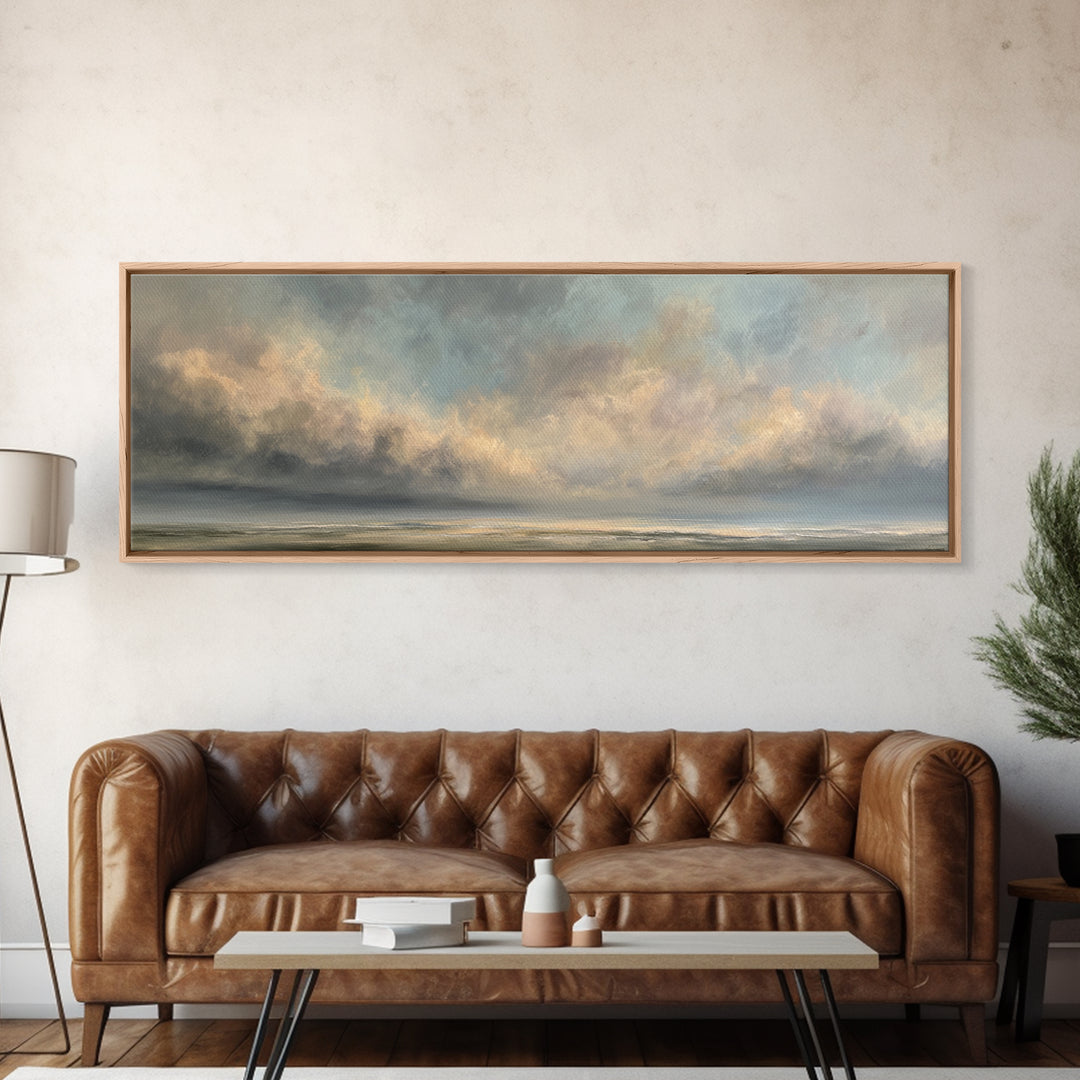 Large Cloudscape with Gentle Movement Framed Canvas Print, Living Room Art, Painting, Living Room Decor, Fine Art, Living, LIR-3x1-59
