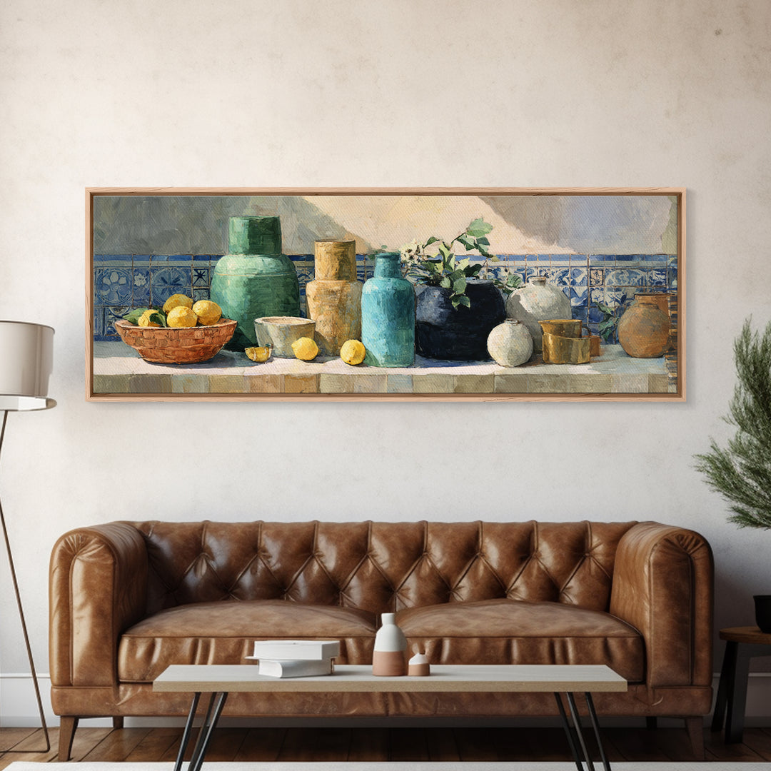 Warm Mediterranean Lemon Still Life Framed Canvas Print, Living Room Art, Apartment Decor, Living Room Decor, Fine Art, Living, LIR-3x1-82