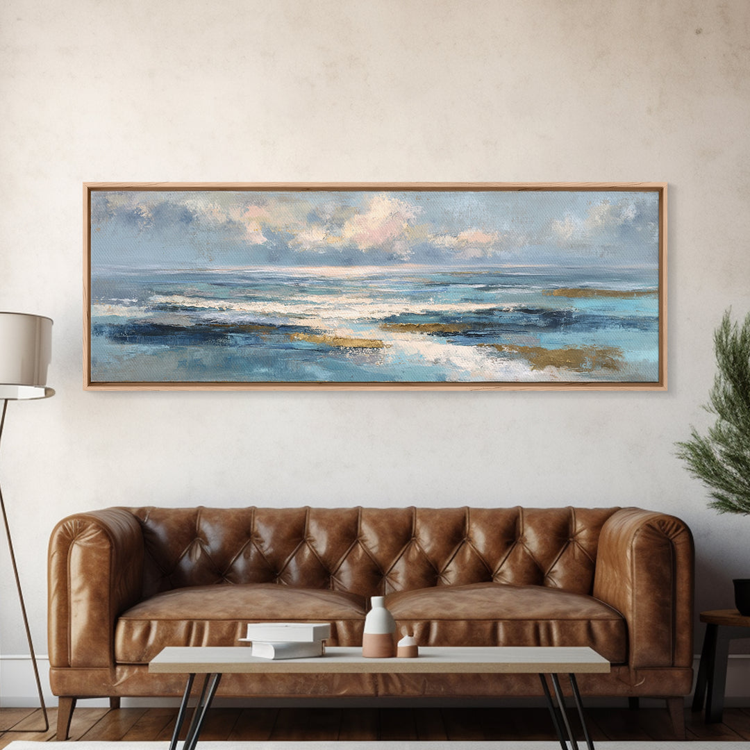Coastal Aerial Shoreline Framed Canvas Print, Living Room Art, Printable, Living Room Decor, Oil Painting, Living, LIR-3x1-99